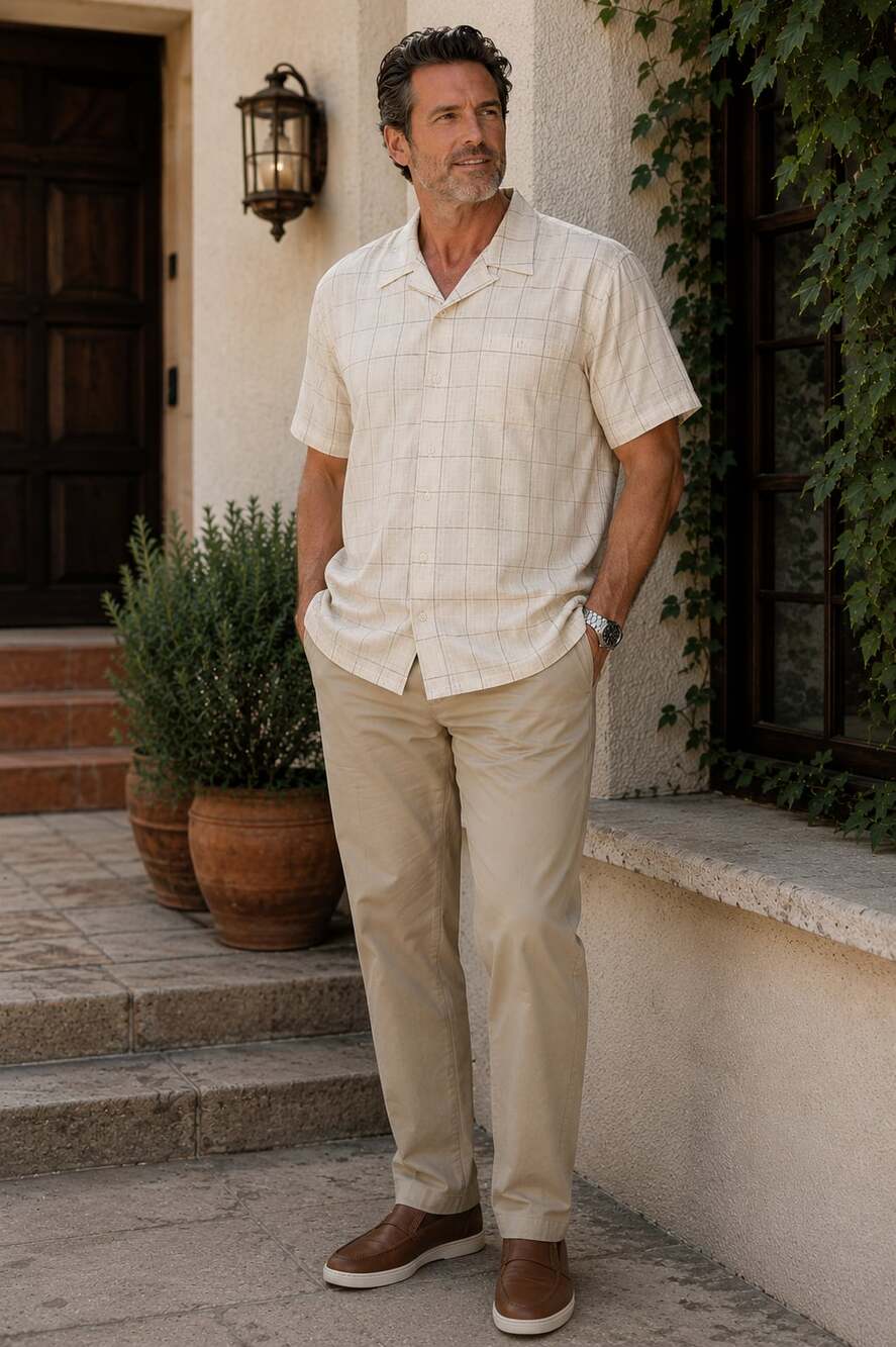 Vitali Men's 100% Linen Short Sleeve Button-Down Plaid Shirt, Size XL TALL